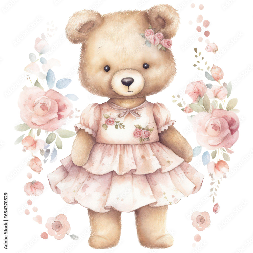 Cute Teddy bear girl in a pink dress with flowers, adorable pretty toy ...