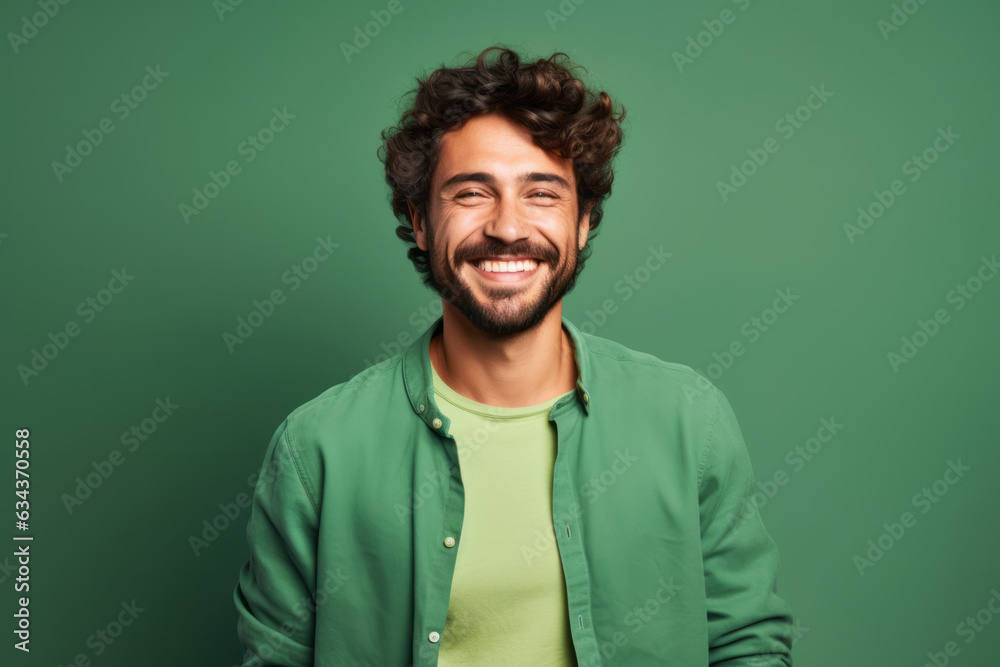 Smiling Caucasian Man with a Charming Portrayal on a Green Studio Background Smiling Caucasian Man with a Charming Portrayal on a Green Studio Background