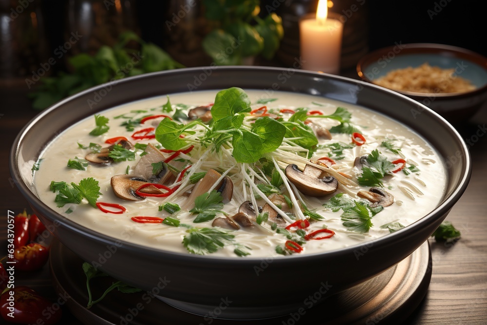 Tom Kha Gai: Delight in the creamy and spicy coconut soup with tender chicken and fragrant galangal.Generated with AI Tom Kha Gai: Delight in the creamy and spicy coconut soup with tender chicken and fragrant galangal.Generated with AI