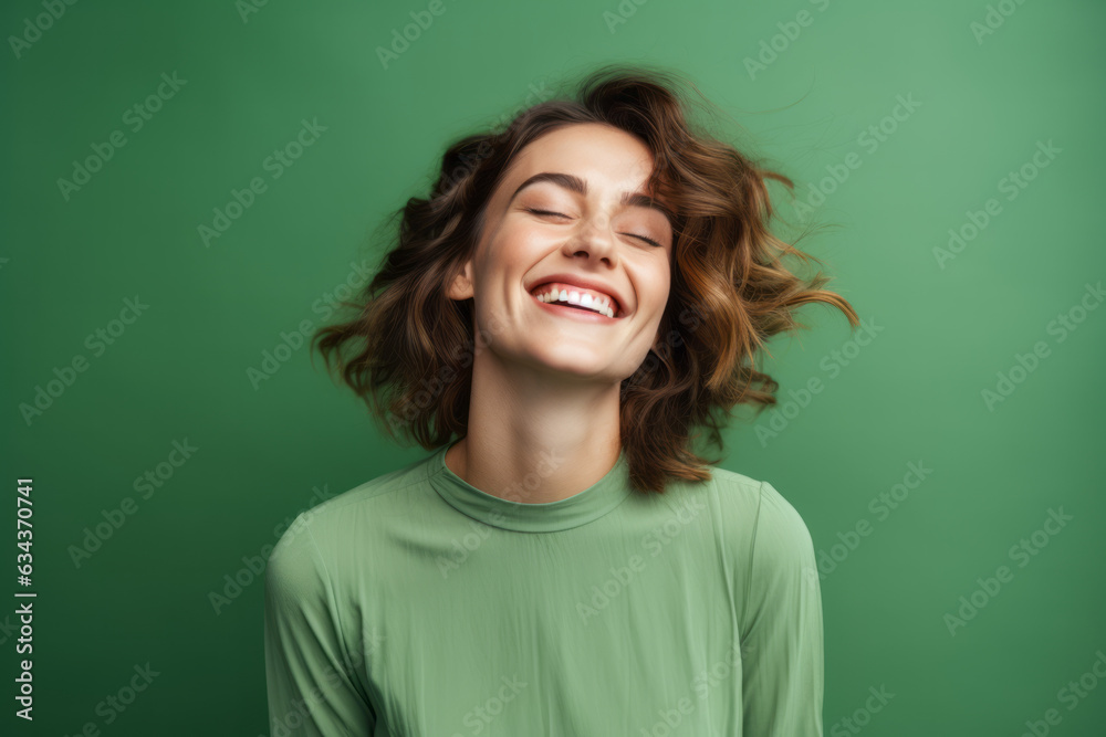 Obraz premium Smiling woman with a cute pose on a vibrant green studio background