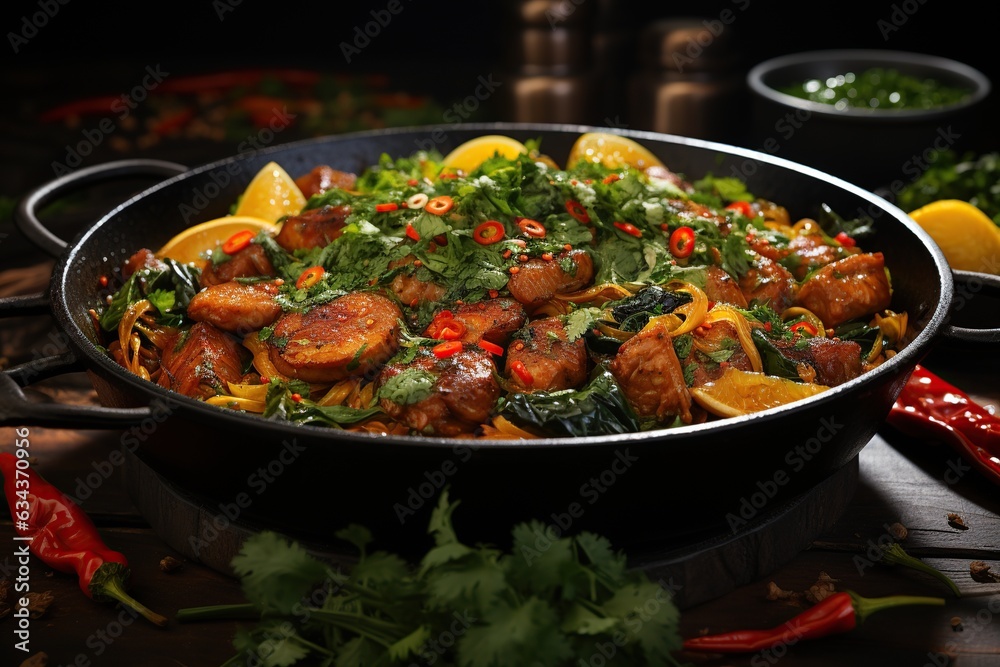 Moo Pad Kamin: Experience the enticing flavors of Thai-style turmeric pork stir-fry, a perfect blend of savory and aromatic spices.Generated with AI Moo Pad Kamin: Experience the enticing flavors of Thai-style turmeric pork stir-fry, a perfect blend of savory and aromatic spices.Generated with AI