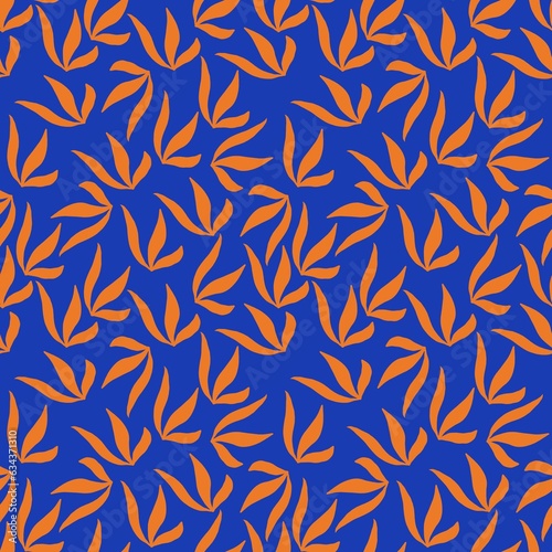 Seamless abstract floral pattern. Orange, blue. Illustration. Botanical texture. Leaves texture. Design for textile fabrics, wrapping paper, background, wallpaper, cover.