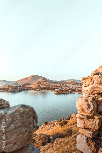 View from Byzantine Medieval Castle of Myrina in Lemnos or Limnos Greek island in the northern Aegean Sea summer vacation