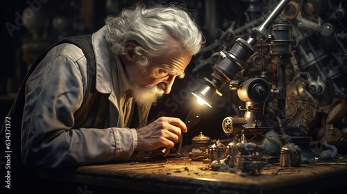 Man at the microscope, scientist, study of organisms. Generative AI © DZMITRY