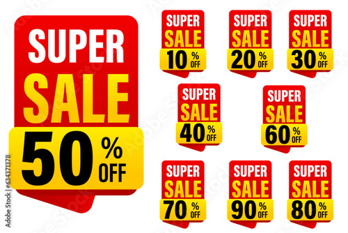 Discount price tag, Price 10 20 30 40 50 60 70 80 90 percent, Red yellow super sale promotion sticker badge set for shopping marketing and advertisement clearance sale, element, Vector illustration