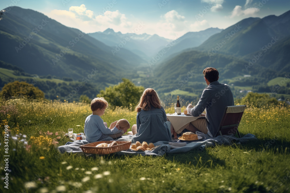 Mountain Serenity: Young Family Enjoys Picnic Amidst Breathtaking Landscape. Ai generated