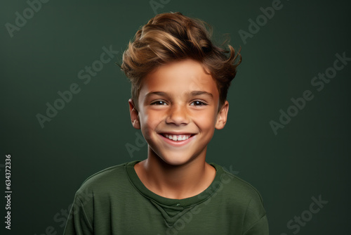 Cheerful Caucasian Boy with a Radiant Smile on Vibrant Green Studio Background
