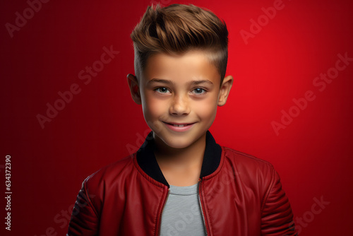 Cheerful Caucasian Boy with Infectious Smile on Vibrant Red Studio Background
