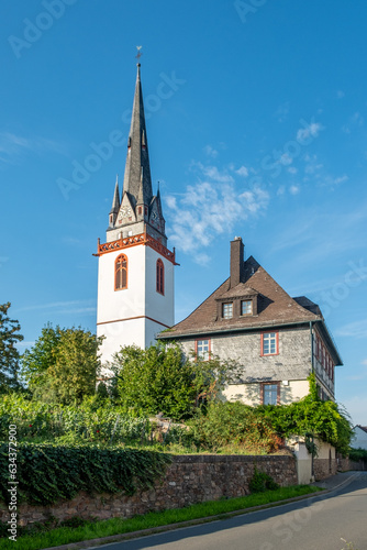 church in Erbach with vineyards i foreground,