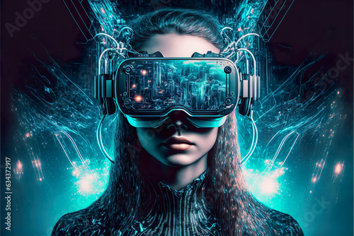 Young woman wear virtual reality vr glasses Digital , Artificial intelligence entertainment gamer , Created with generative AI © Atchariya63
