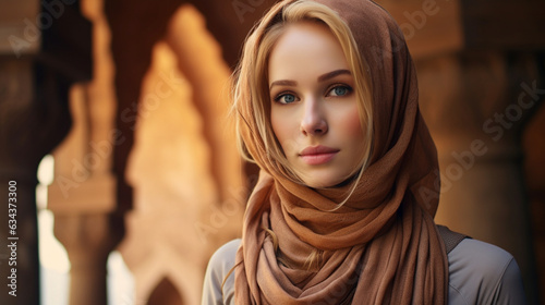 woman in hijab portrait on the background of beautiful places 