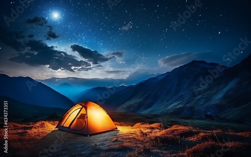 Luminous Night Glowing Wilderness Camp. Generative AI