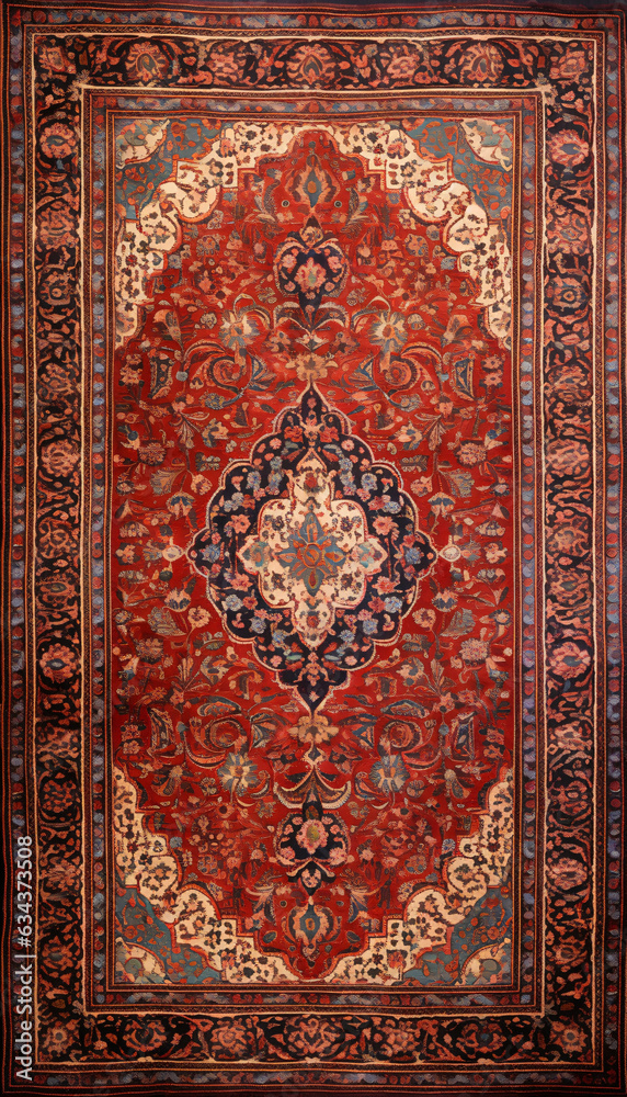 Red persian carpet with antique pattern on the floor top view Red persian carpet with antique pattern on the floor top view