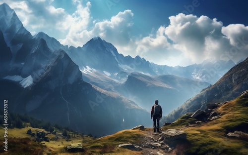 A Lone Hiker Amidst Majestic Panorama. Generative AI ©  Creative_studio