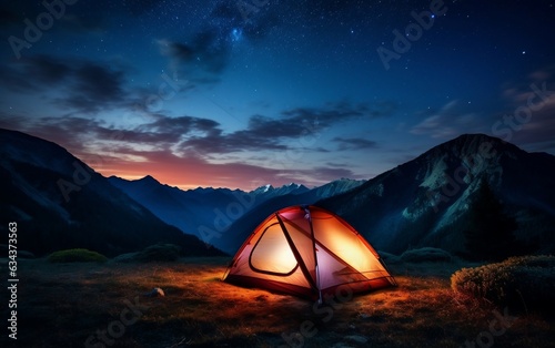 Luminous Night Glowing Wilderness Camp. Generative AI