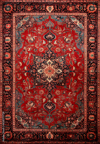 Top view red persian carpet on antique floor
