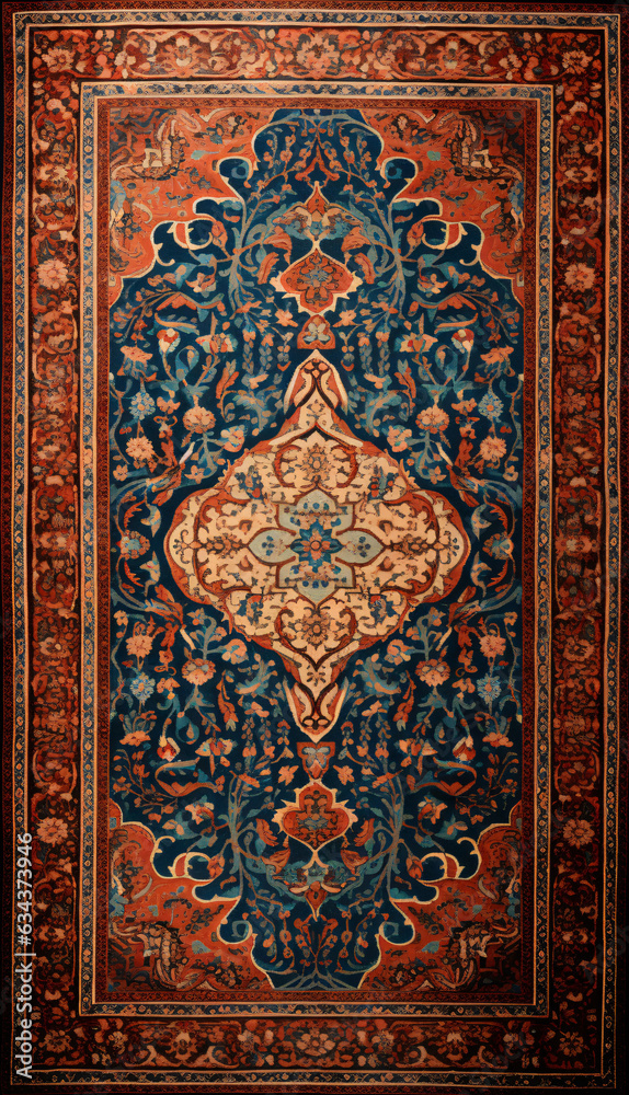 Persian carpet in red blue color with antique pattern on the floor top view