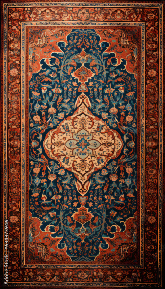 Persian carpet in red blue color with antique pattern on the floor top view Persian carpet in red blue color with antique pattern on the floor top view
