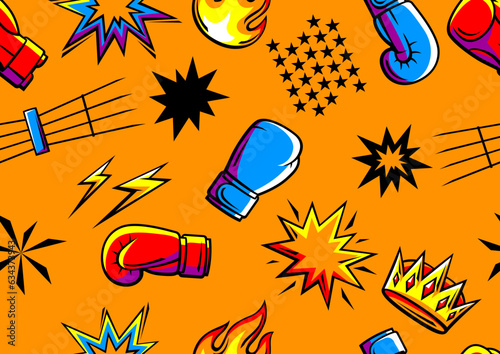 Pattern with boxing items. Box club illustration. Sport background in cartoon style.