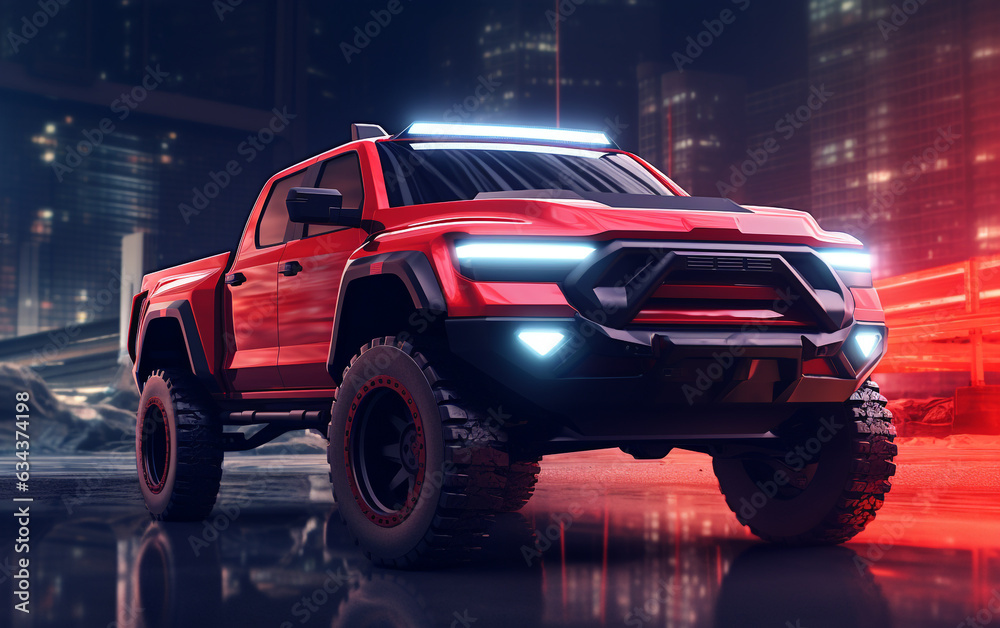 Vibrant 3D illustration showcasing a modern pick-up truck in bold red, radiating strength and contemporary flair.