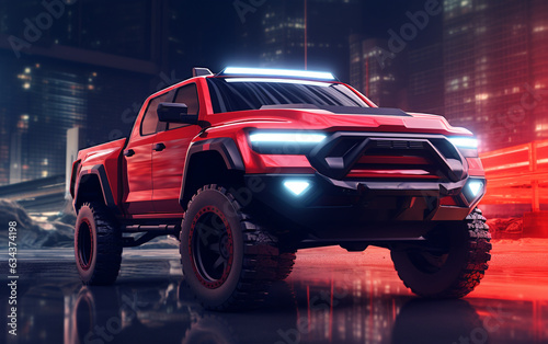 Vibrant 3D illustration showcasing a modern pick-up truck in bold red, radiating strength and contemporary flair. © Dhelphie