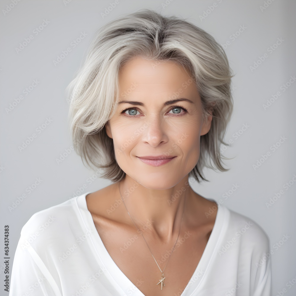 adult attractive woman smiling, about 50 years old on a plain background, studio light, portrait, beautiful aging, AI generated adult attractive woman smiling, about 50 years old on a plain background, studio light, portrait, beautiful aging, AI generated