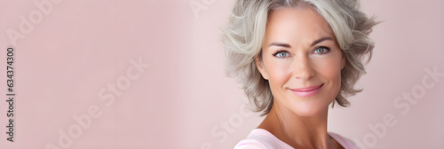 adult attractive woman smiling, about 50 years old on a plain background, studio light, portrait, beautiful aging, AI generated