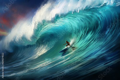 Surfer fearlessly rides a colossal blue wave, capturing a thrilling moment of adrenaline and skill as they conquer the powerful forces of the ocean. Ai generated © twindesigner