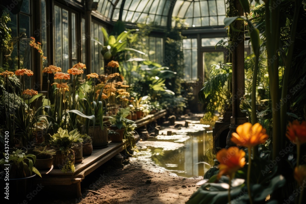 Floral Treasure Trove: The Marvels of Exotic and Rare Plants Preserved within the Crystal Embrace of a Pristine Glasshouse, while Sunrays Paint Ethereal Patterns