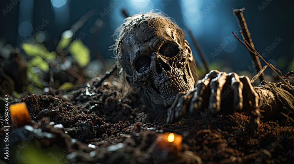A zombie emerges from a grave in the dark forest with a terrifying atmosphere. Halloween and scary concept.