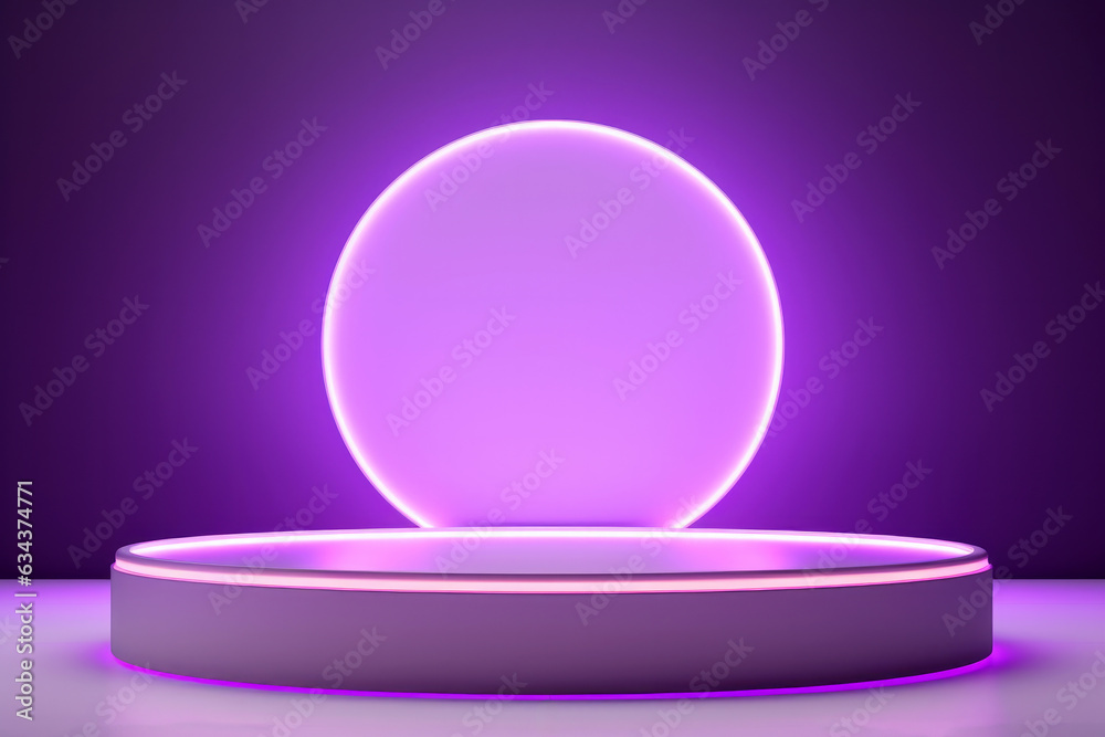 The purple podium is an appealing choice for showcasing product presentations, with a background glowing with neon lights that create an aesthetic and modern atmosphere. The purple podium is an appealing choice for showcasing product presentations, with a background glowing with neon lights that create an aesthetic and modern atmosphere.