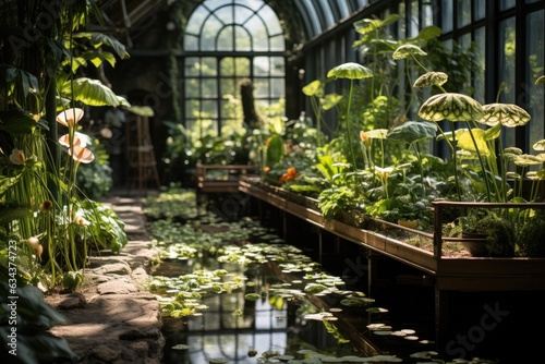 Verdant Jewels of the Glass Eden: Discovering the Exotic and Rare Plants Thriving within the Pure Atmosphere of a Pristine Glasshouse, with Sunrays as Veiled Artists