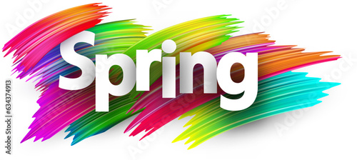 Spring paper word sign with colorful spectrum paint brush strokes over white. Vector illustration.