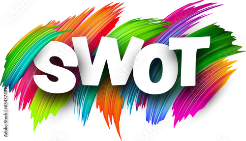 Swot paper word sign with colorful spectrum paint brush strokes over white. Vector illustration.