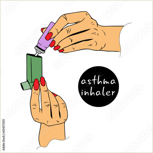 Female hand holds an asthma inhaler in close-up. Replaceable aerosol bottle of drug for the treatment of shortness of breath. fight against chronic diseases, asthma remedies.