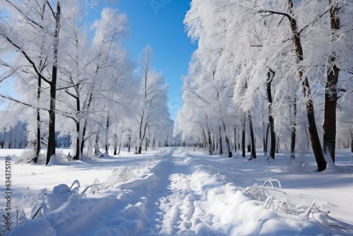Panoramic view of frost-covered trees in snowdrifts. Magic winter forest. © Nataliia