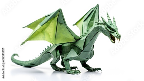 Beautiful origami green dragon isolated on white background