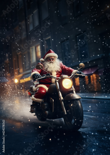 Santa Claus riding motorcycle in the night.