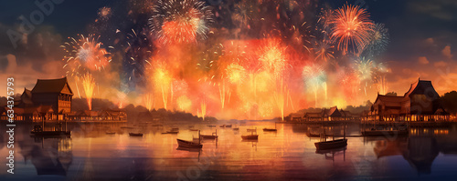 A panoramic digital painting illustrates a night sky ignited by a spectacular display of graphic fireworks, set against a backdrop of a beach, mountains, sea, and city. Generative AI.