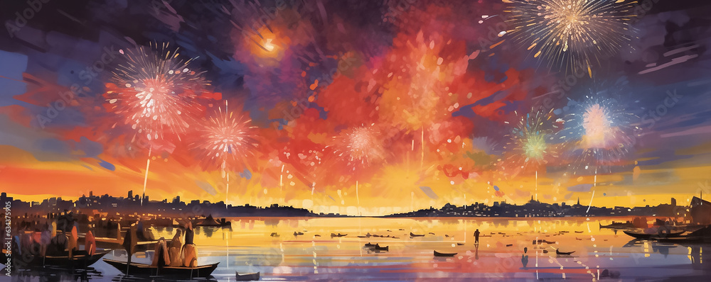 A panoramic digital painting illustrates a night sky ignited by a spectacular display of graphic fireworks, set against a backdrop of a beach, mountains, sea, and city.  Generative AI.