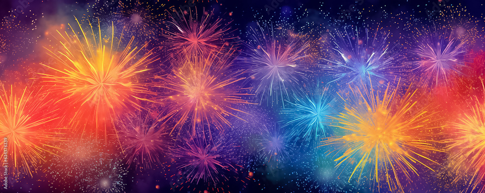 A panoramic digital painting portrays a night sky illuminated by a stunning display of graphic fireworks, capturing the essence of a captivating festival. Generative AI. A panoramic digital painting portrays a night sky illuminated by a stunning display of graphic fireworks, capturing the essence of a captivating festival. Generative AI.
