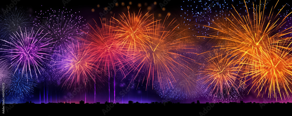 A panoramic digital painting portrays a night sky illuminated by a stunning display of graphic fireworks, capturing the essence of a captivating festival. Generative AI. A panoramic digital painting portrays a night sky illuminated by a stunning display of graphic fireworks, capturing the essence of a captivating festival. Generative AI.