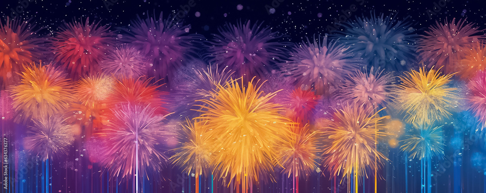 Fototapeta premium A panoramic digital painting portrays a night sky illuminated by a stunning display of graphic fireworks, capturing the essence of a captivating festival. Generative AI.
