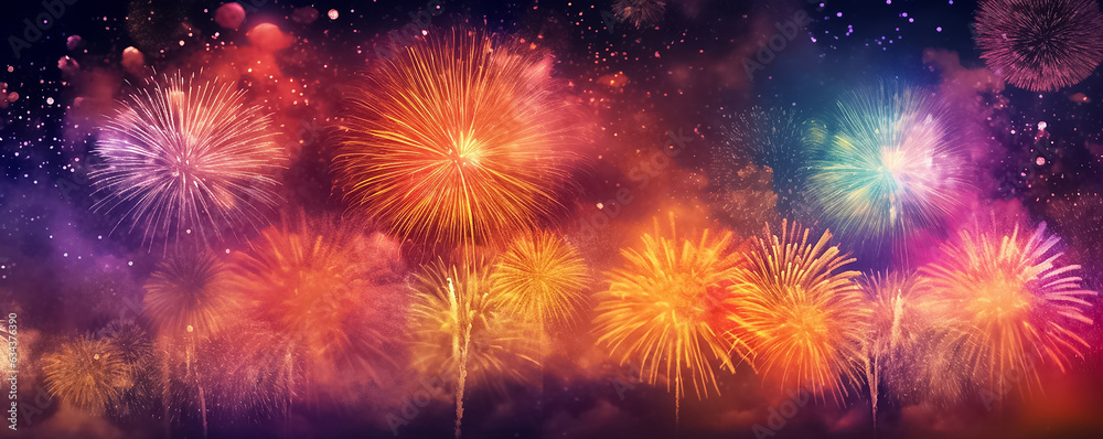 Fototapeta premium A panoramic digital painting portrays a night sky illuminated by a stunning display of graphic fireworks, capturing the essence of a captivating festival. Generative AI.