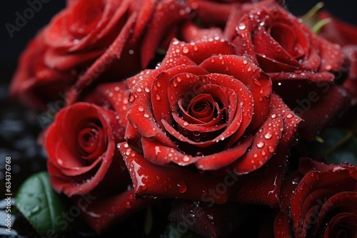 bouquet of red roses with drops on the petals