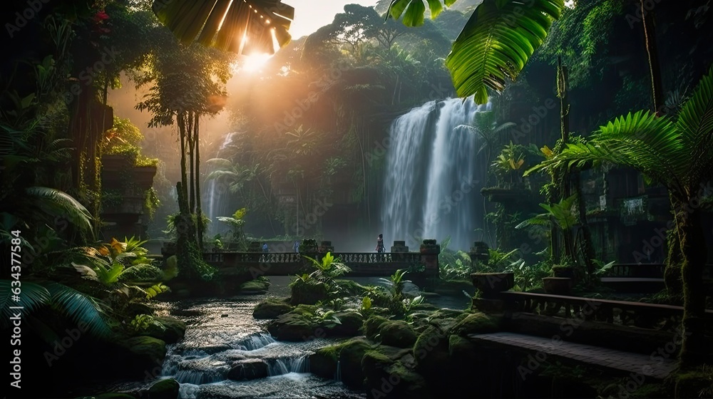 Eden's Majestic Waterfall: A Magical Tropical Evening Amidst Palm Trees and Jungle Vegetation in Bali, Indonesia. Generative AI - obrazy, fototapety, plakaty 
