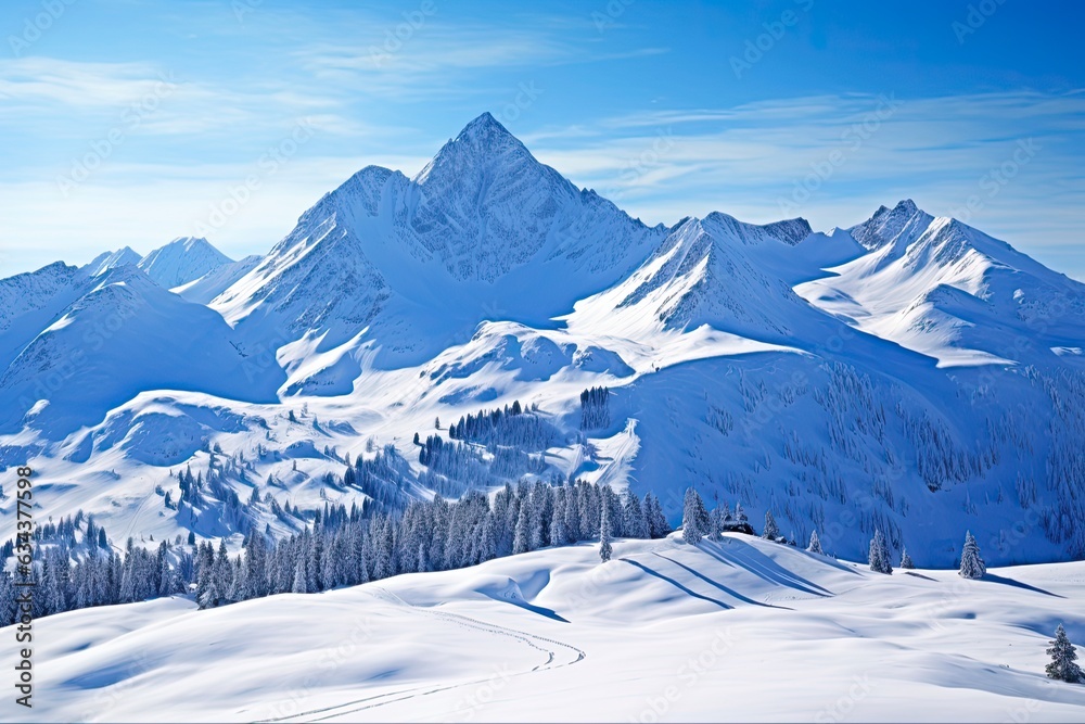 Gallatin Range in Winter: Majestic Snowy Peaks and Blue Sky Scenery of the Rocky Mountains. Generative AI