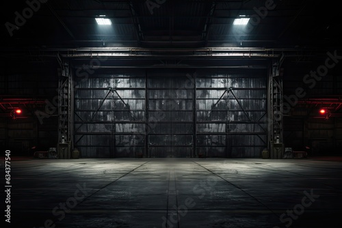 Bright Light from Hangar Doors. Industrial Construction and Garage Doorway with Grunge Style. Dream of Freedom and Hope. Generative AI