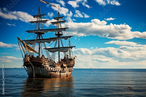 Classic Pirate Adventure on Baltic Bay: Antique Galleon Ship Sailing on Blue Water, Coastline and Clouds in Gdynia, Poland. Generative AI