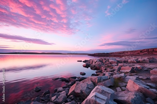 Evening hues over Hudson Bay's Harbour Islands coastline near Arctic Circle in Nunavut, Canada. Witness the midnight sun amidst climate change. Generative AI photo